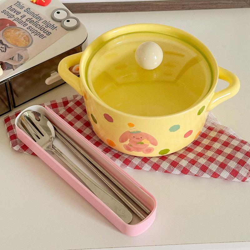 Cute Polka Dot Binaural Instant Noodle Bowl with Cover Student Dormitory Large Capacity Instant Noodle Bowl Personal Special Snail Powder Bowl