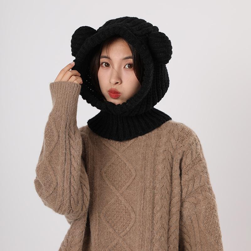 1PC Y2K Winter Warm Knit Balaclava Hat Women Cute Bear Warm Beanie Hooded Scarf Beanie Hat Skull Cap Collar Neck Cover Pullover