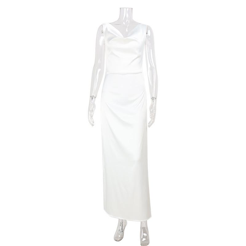 Women s New French Temperament Sleeveless V-Neck Textured Satin Long Sleeve Slim-fit Celebrity Dress S