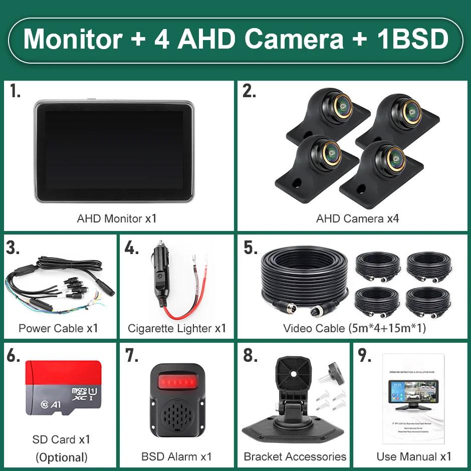 7 Inch Touch Screen 4 Channels Split Screen BSD Radar Alarm Car DVR Recorder Parking Monitor With 4PCS 1080P AHD Backup Camera