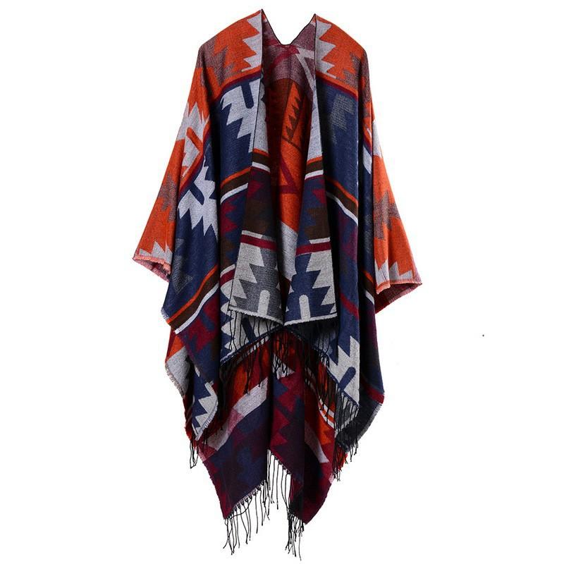 Womens Faux Cashmere Knit Cape Shawl With Slit Opening Ethnic Geometric Winter Wrap Scarf