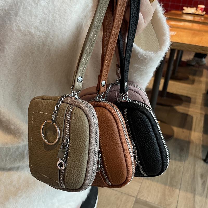 2025 Women's Genuine Leather Compact Wallet and Keychain - Lipstick, Earphone, and Coin Storage
