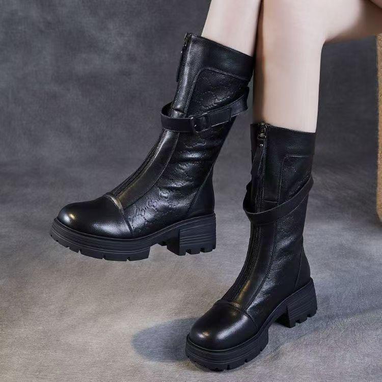Women's Genuine Leather Knee-High Martin Boots, 2025 Autumn/Winter, British Style, Thick Sole, Plus Velvet.
