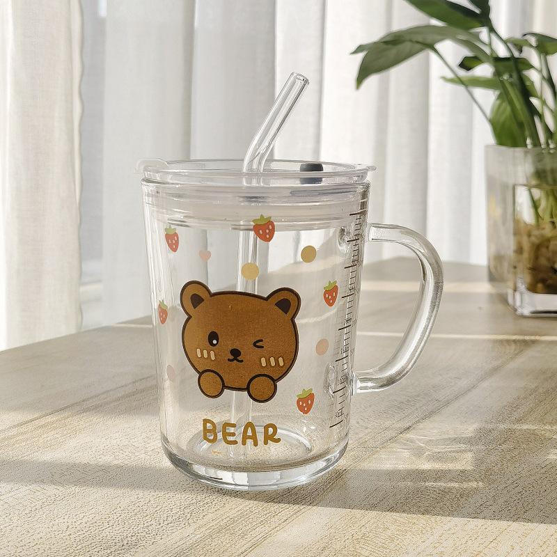 Cupa de lapte drăguță din sticlă cu pai de desene animate, cu capac și linguriță, cadou personalizat.