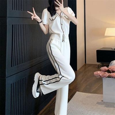 Two Pieces Set for Women Summer Fashion Casual V Neck Short Sleeve Chic White Tops Loose Straight Trousers Sports Pants Outfits