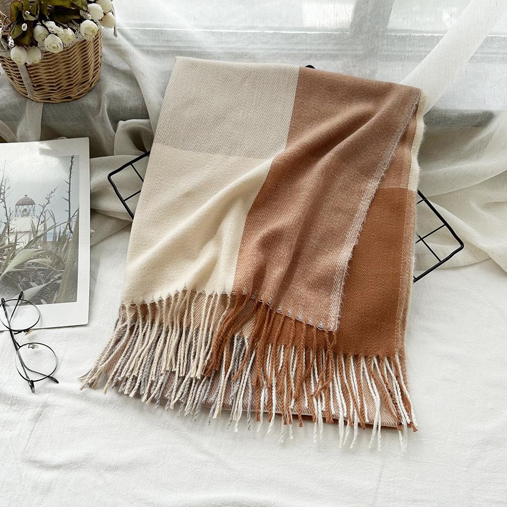 Warm Women's Scarf Winter Imitation Cashmere Color Block Plaid Shawl Long Tassel Fashion Scarf Scarf