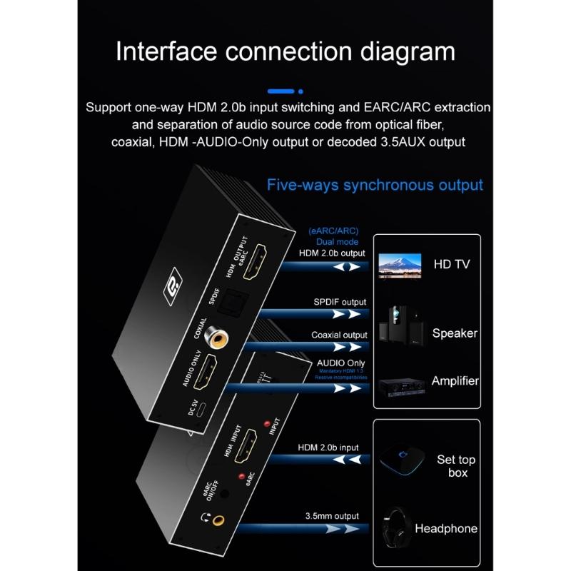 8k HDMI2.0b Audio Extractor Audio Switcher eARC Splitter 7.1CH DSTHD AUX Coaxial Optical DAC DecodingCEC HDCP