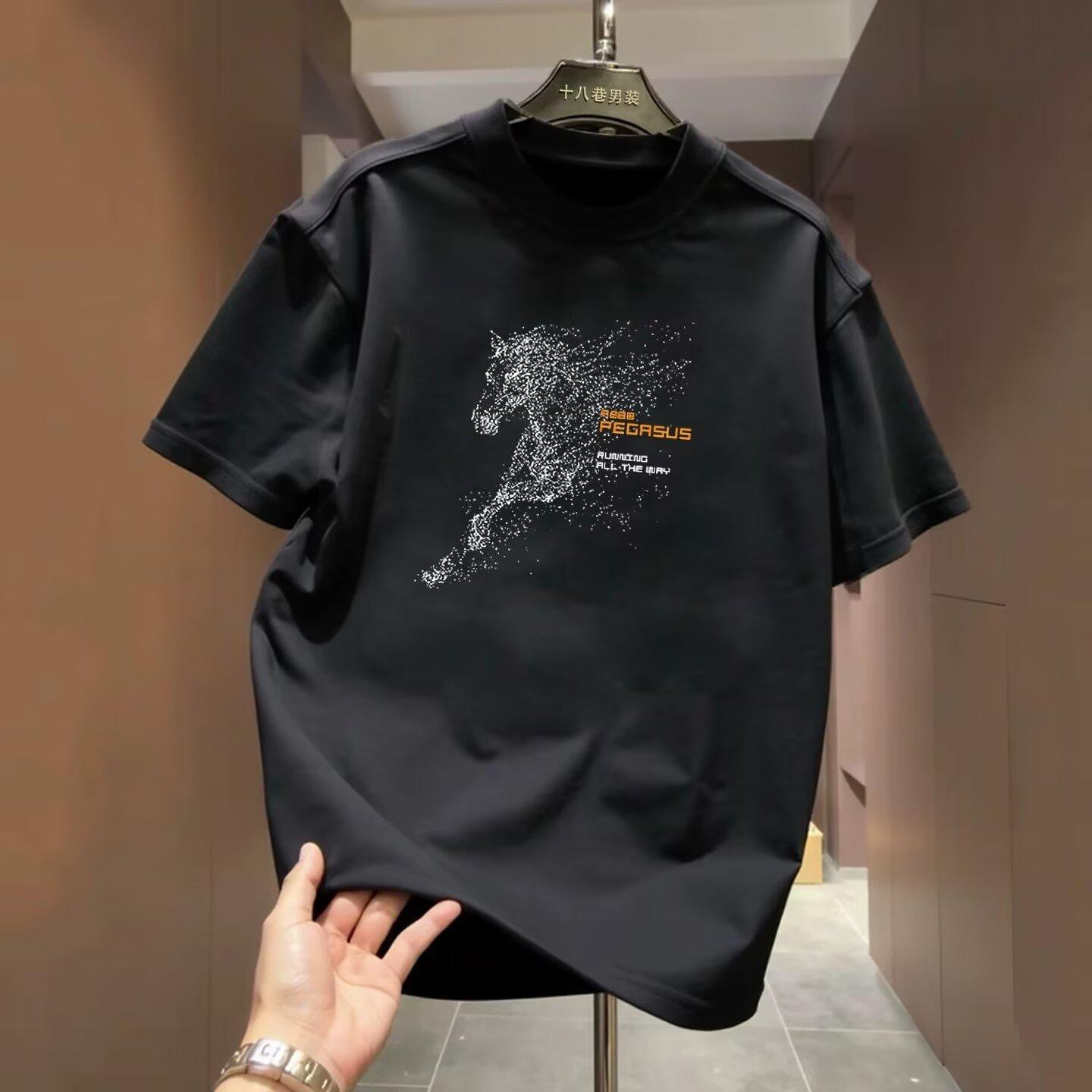 Men Casual Loose Heavy Printed Crew Neck Short Sleeve Cotton T Shirt S чёрный