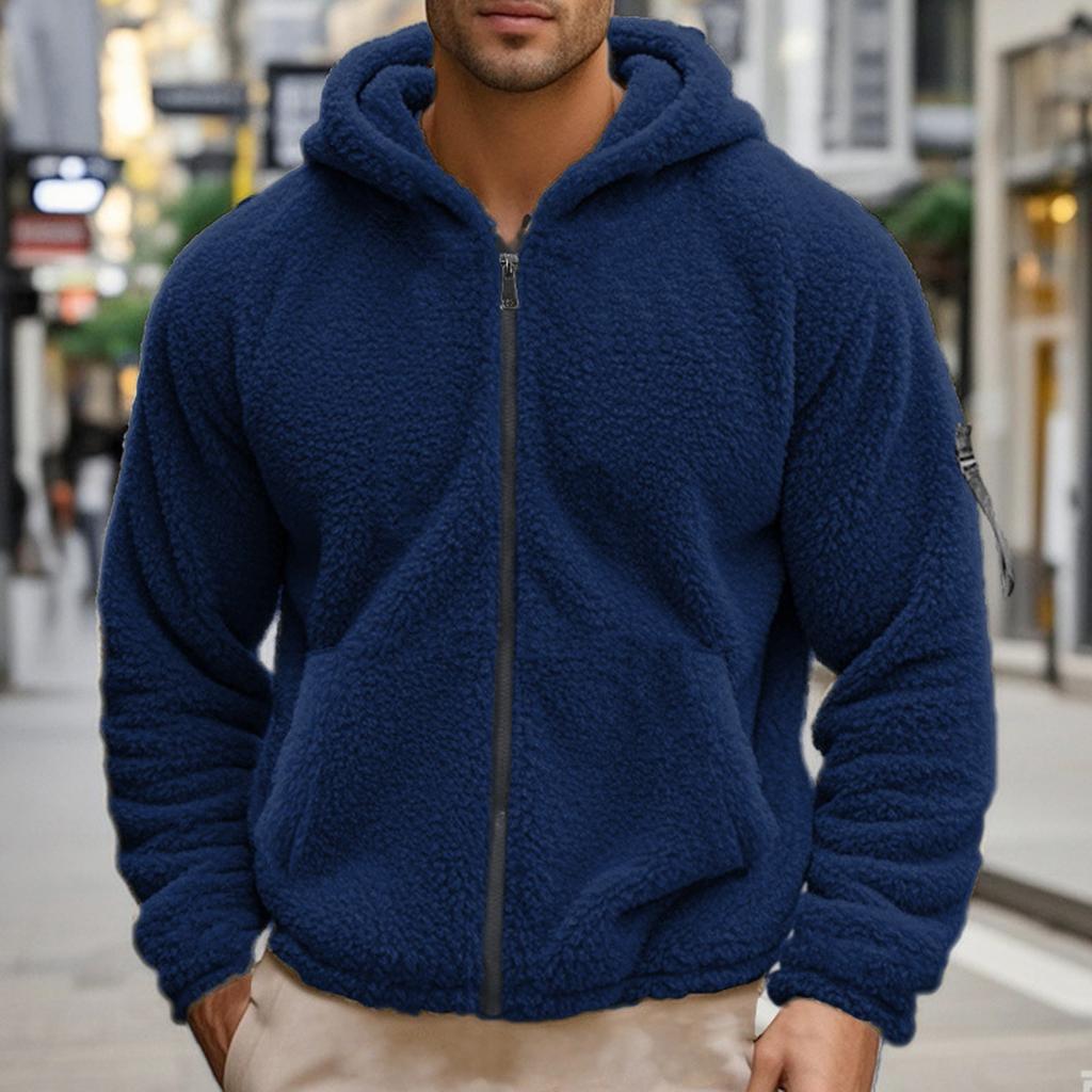 Men's Solid Color Casual Long-sleeved Double-sided Fleece Loose Hooded Zipper Hoodie Jacket