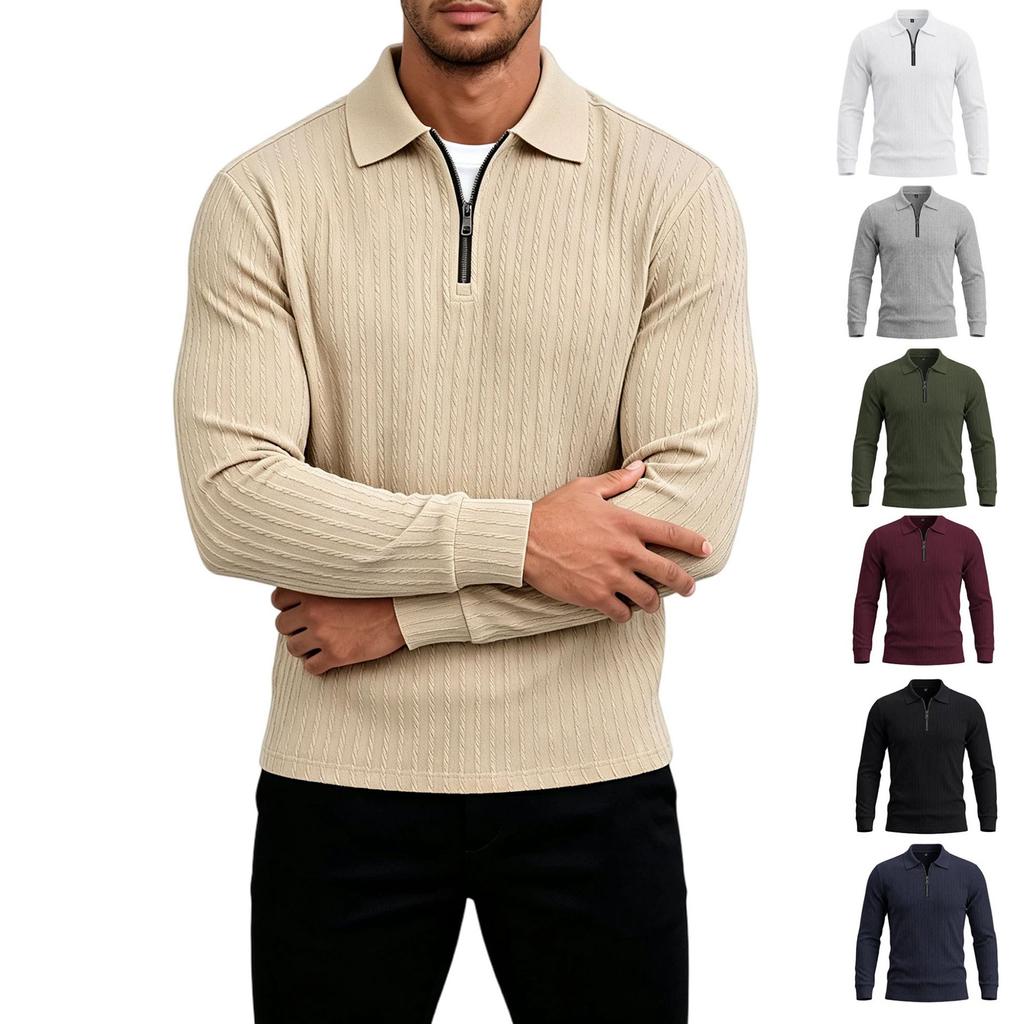 Men's Casual Long-Sleeve Half-Zip Collared Pullover in Color