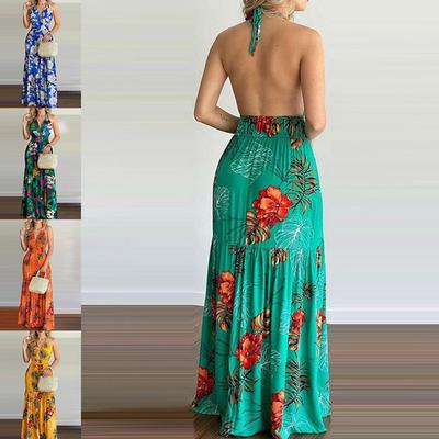 European and American Summer Printed Backless Long Skirt Sleeveless Dress Casual Skirt Fashionable Women's Clothing