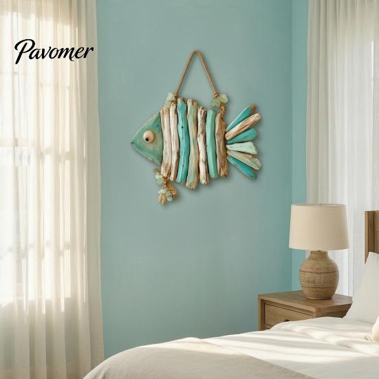 Rustic Wood Wall Hanging Fish Handmade Decor, Coastal Ornament with Sea Glass Bohemian Home Accents Jute Rope, Beach Style Art for Bathroom