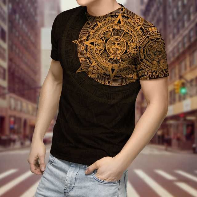 Summer Round Neck 3D Aztec Inspired Pattern Print Top Fashionable Casual Short Sleeved Men's T-shirts