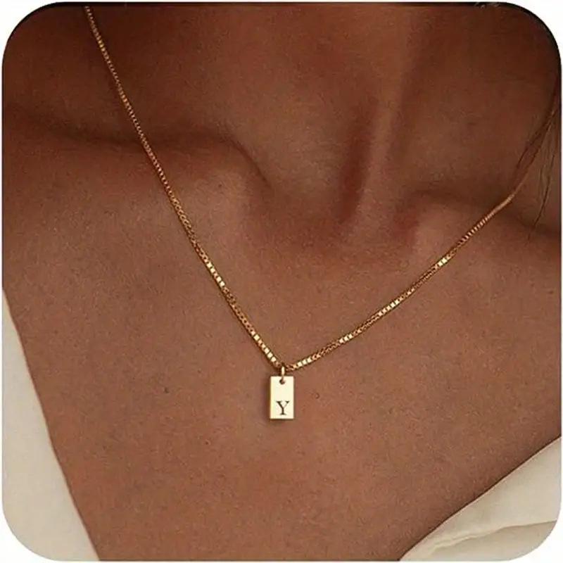 Exclusive 18K Gold Vacuum-Plated Stainless Steel Engraved Square Pendant Necklace with Alphabet Letters