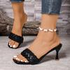 High Heel Slippers New Women's Fashion Stiletto Woven Flip Flops Square Toe Open Toe Outside Wear Cool Tug Summer