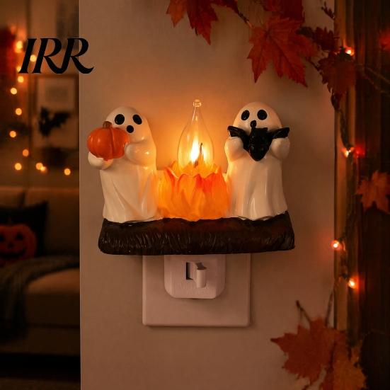 Decorative Wall Light Halloween Pumpkin Ghost Night with Witch Hat, Resin Soft Glow Plug-in LED Bedroom Light, Spooky Sconce for Party Home