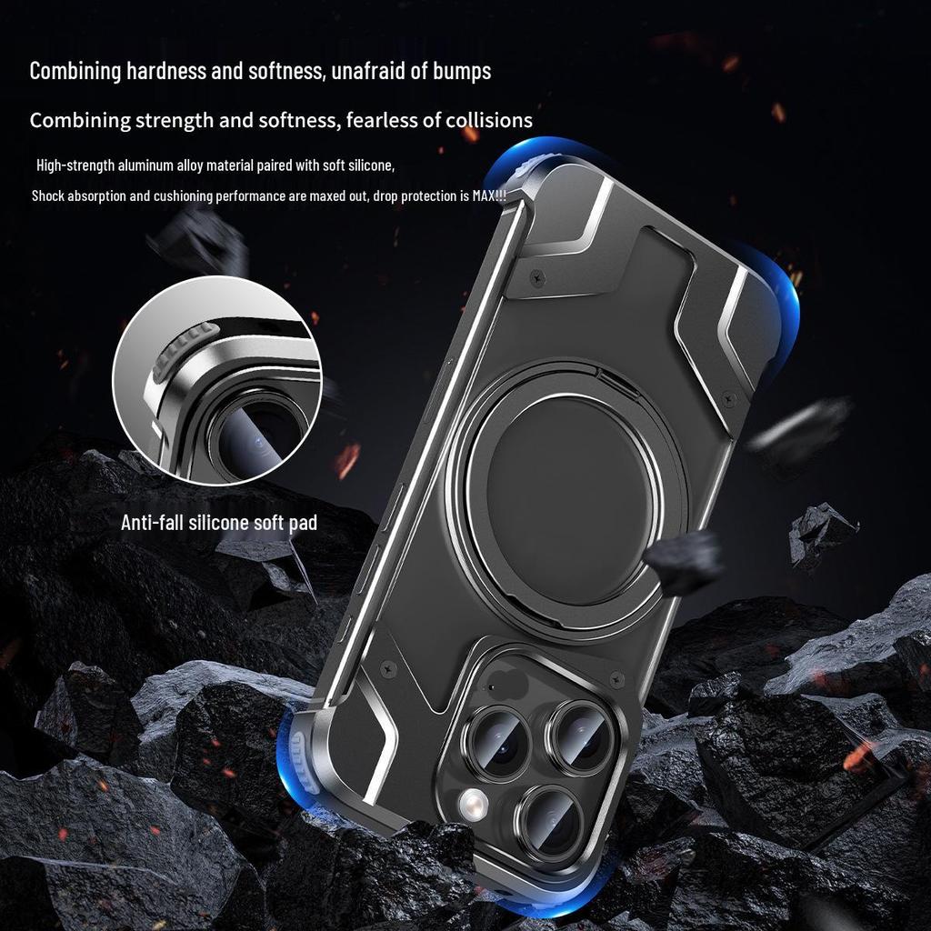 Magnetic Rotating Stand Case for iPhone 15 Pro Max and iPhone 14: Transparent Battle Armor Design