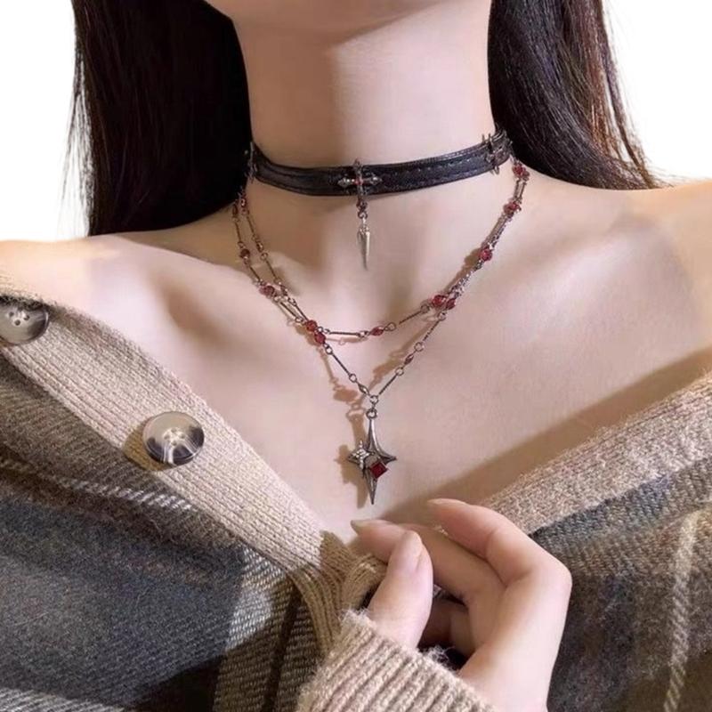 Double Layer Dark Aesthetic Crosses Necklace And Edgy Black Leather Chokers Jewelry Set