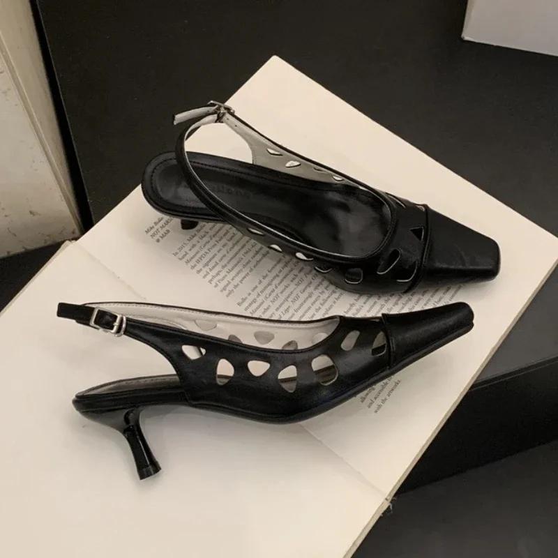 Fashion Comfort Hollow High Heeled Sandals Women Fashion Square Toe Buckle Kitten Heel Brand Designer Shoes Elegant Outdoor Office Shoes