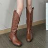 Comemore Women Western Boots Women Autumn Chunky Middle Heels Knee High Cowboy Boot Woman Side Zip Square Toe Brown Long Botas