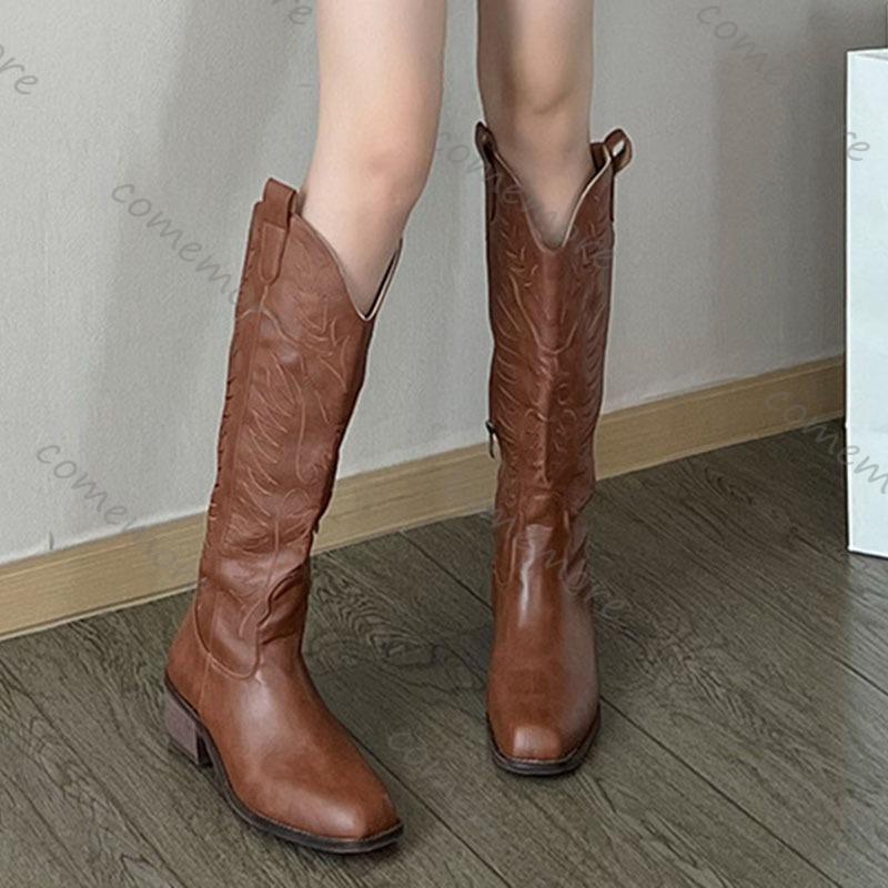 Comemore Women Western Boots Women Autumn Chunky Middle Heels Knee High Cowboy Boot Woman Side Zip Square Toe Brown Long Botas