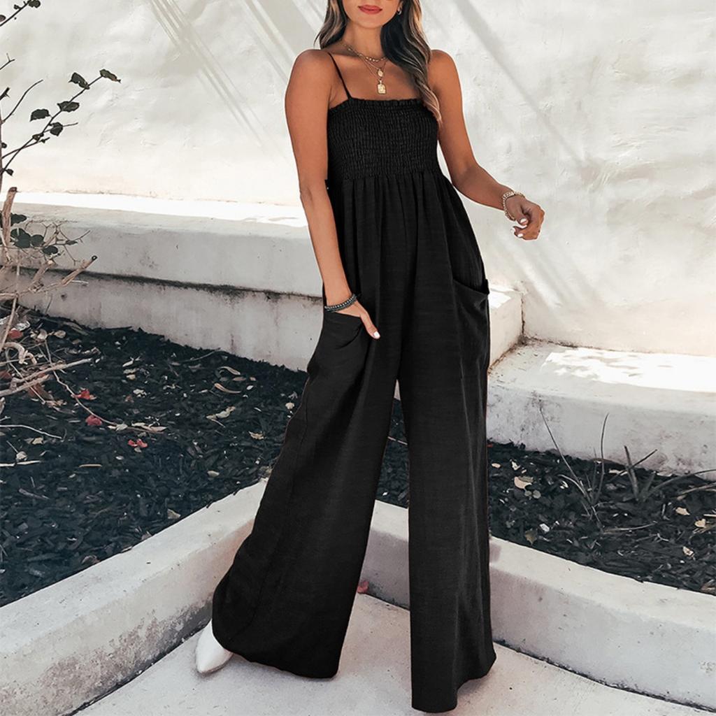Spring New Women's Jumpsuit, Solid Ruched Bandeau Strapless Casual Commute Jumpsuit for Women, European American Style Outfit