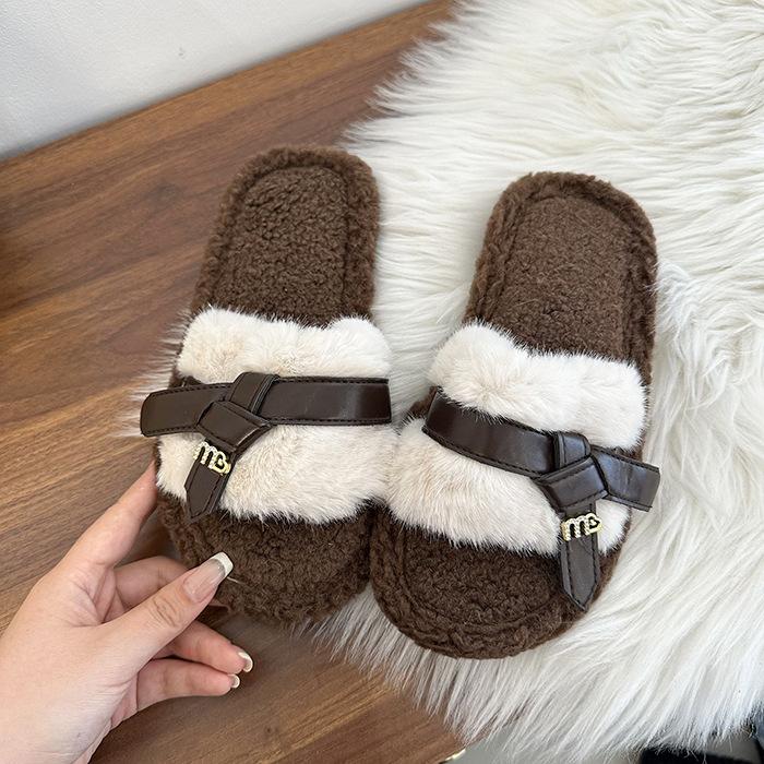 

Thick-bottomed versatile fluffy slippers women s wear 2025 new autumn and winter fluffy Internet celebrity fashion home cotton slippers 41 белый