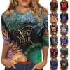 Women's Fashion Casual 3/4 Sleeve T-Shirt Printed Round Neck Pullover Top