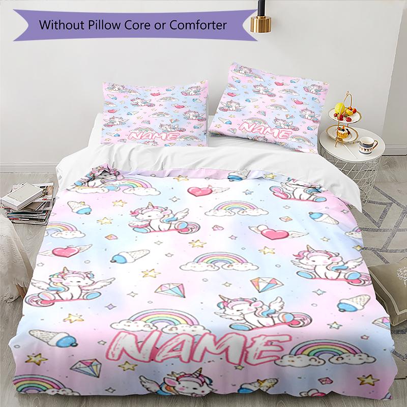 3pcs Custom Name Unicorn Bedding Set Duvet Cover Closure Includes 1 Duvet Cover & 2 Pillowcases, Soft and Comfortable for All Seasons.