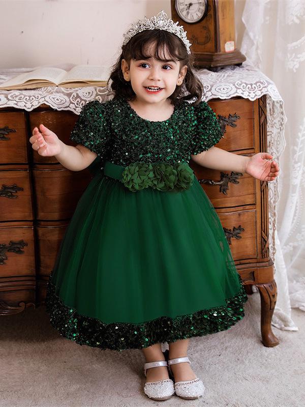 Mädchen Kurzarm Pailletten Puffrock Prinzessinnenkleid - Kinder Festkleidung