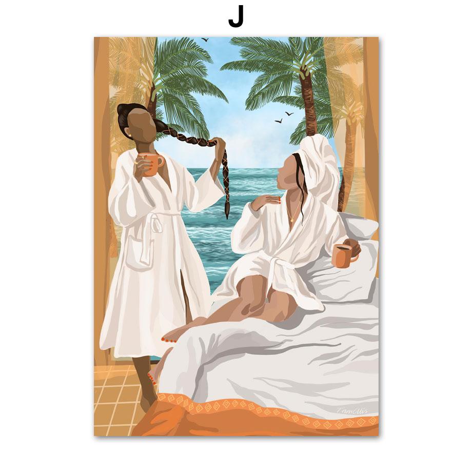 Abstrakcyjna moda dziewczyna czytająca joga odpoczynek liść palmowy plakat skandynawski ścienny drukowany obraz na płótnie malarstwo dekoracyjne zdjęcia do salonu