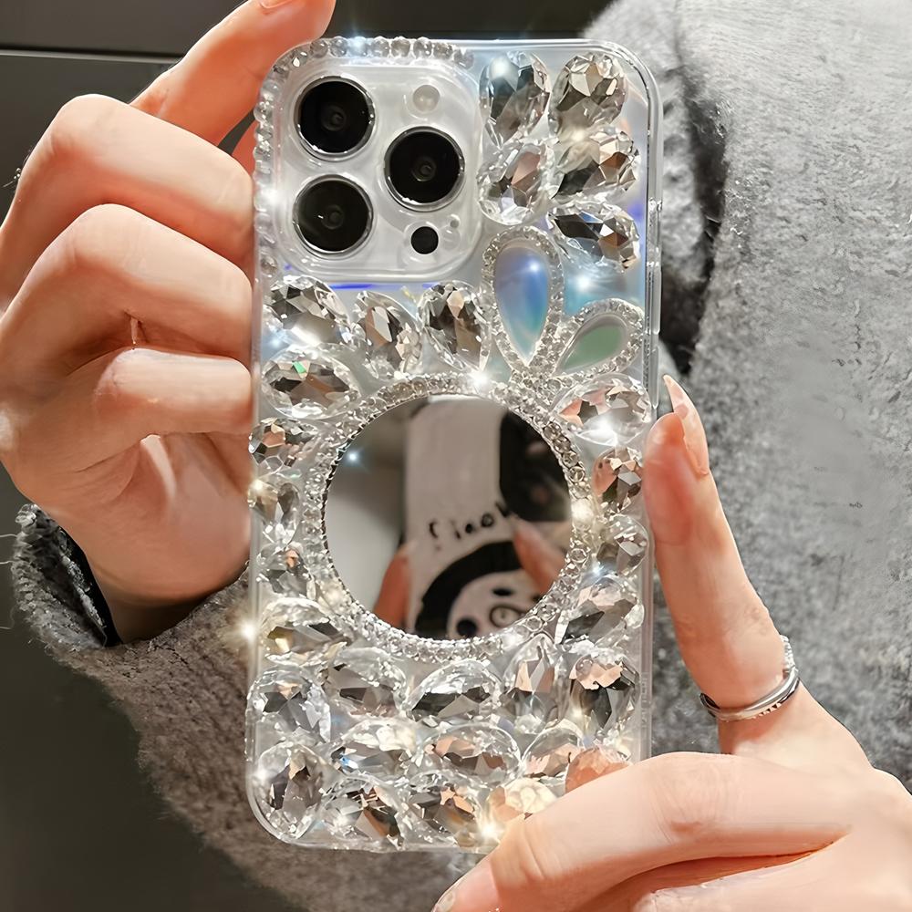 Glitter Crystal Rhinestone Phone Case with Mirror, Clear Bling Floral Cover For OPPO Realme 14 Pro Plus 14X 14T 13 12 Lite 4G 5G
