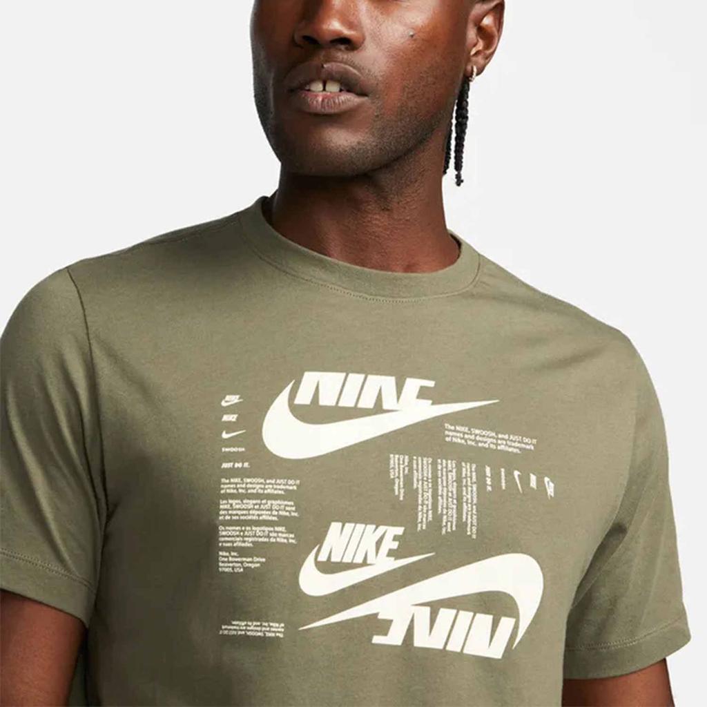 Nike Футболка с коротким рукавом и круглым вырезом, с принтом логотипа в виде упрощенной буквы, мужская, средне-оливково-зеленая DR7816-222