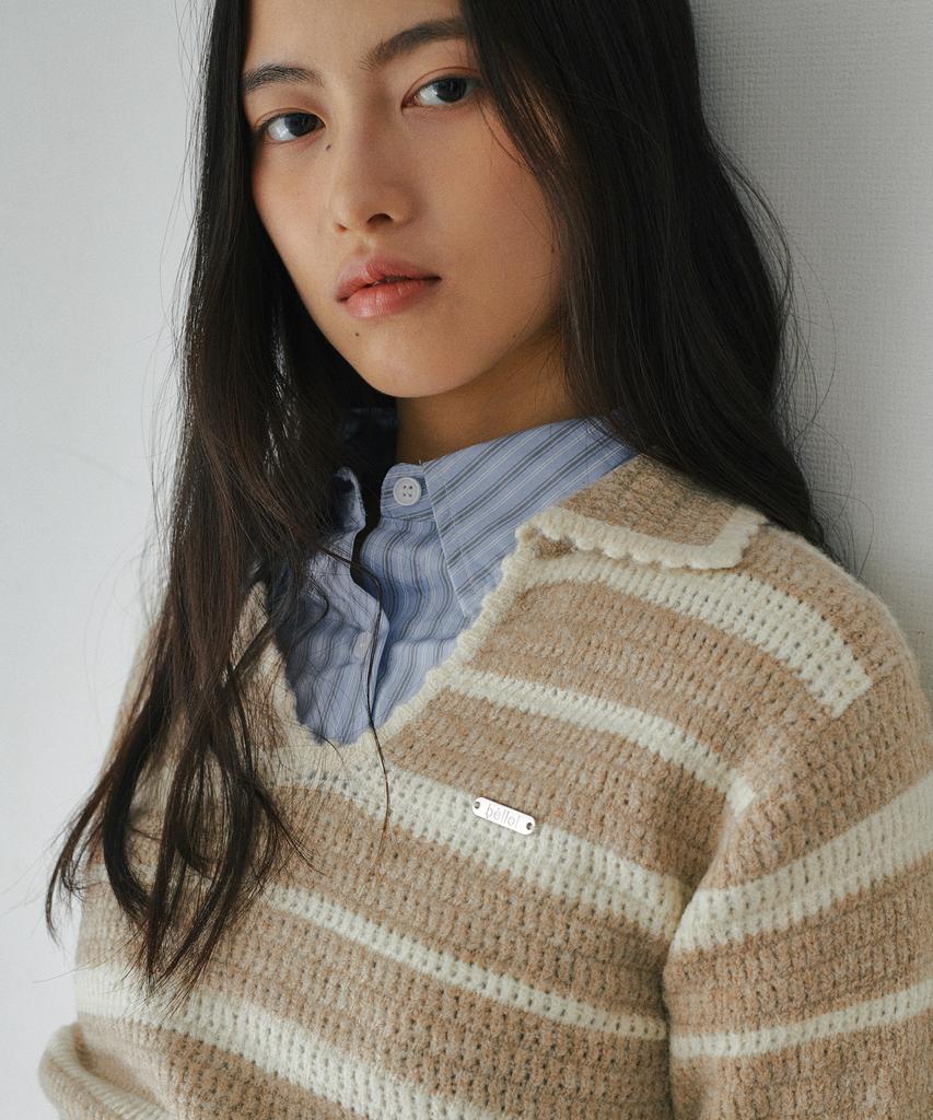 BELLOL Striped Open Collar Slim Fit Long Sleeve Knit Beige