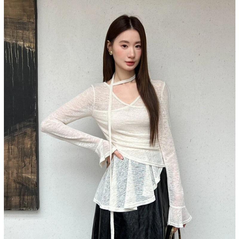 Autumn New Design Irregular Waist T-shirt Niche Elegant Ribbon Top for Women
