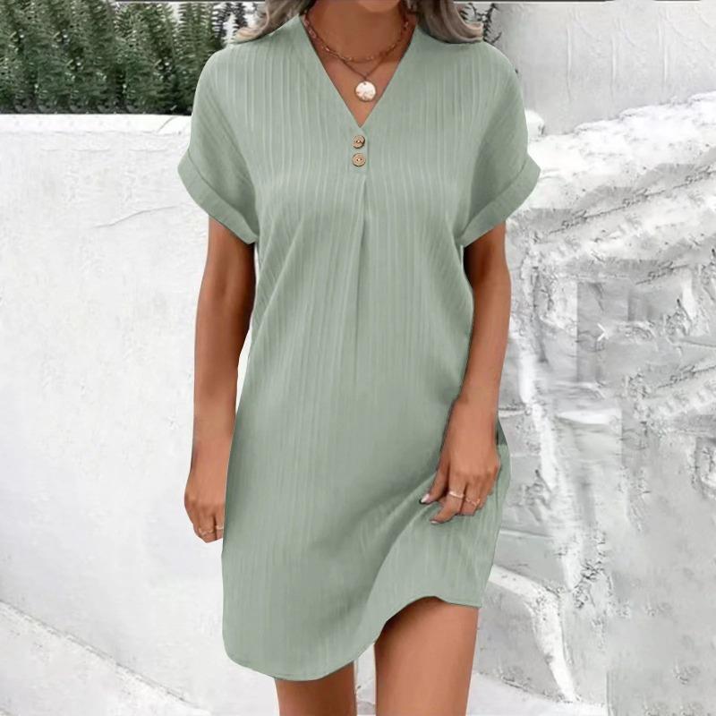 V-neck Solid Color Pullover Comfortable Casual Button Up Dress