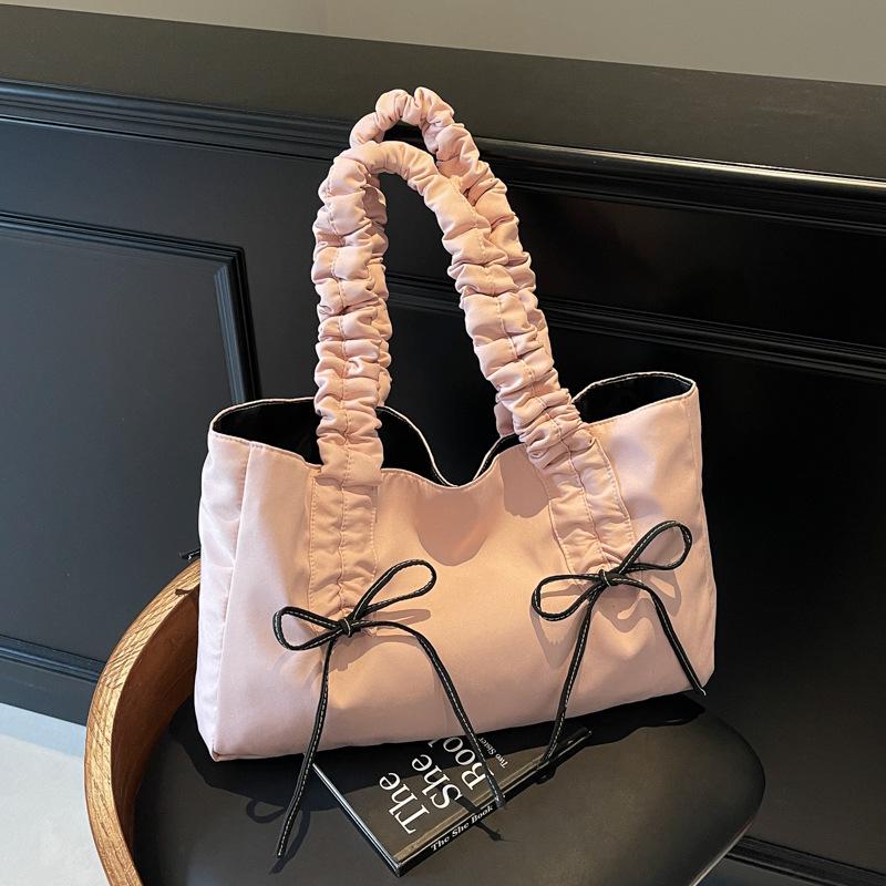 

2025 Women s Fashion Pleated Bow Tote - Large Capacity Nylon Handbag серый