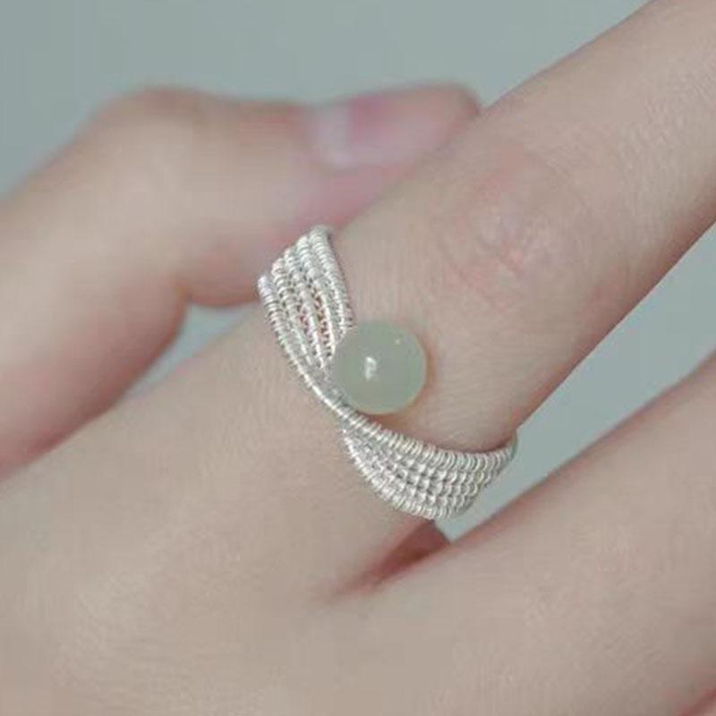 

PANJBJ 925 Sterling Silver Hotan Jade Texture Ring For Women Weave Bead Irregular Retro Ethnic Open Jewelry Gift Dropshipping