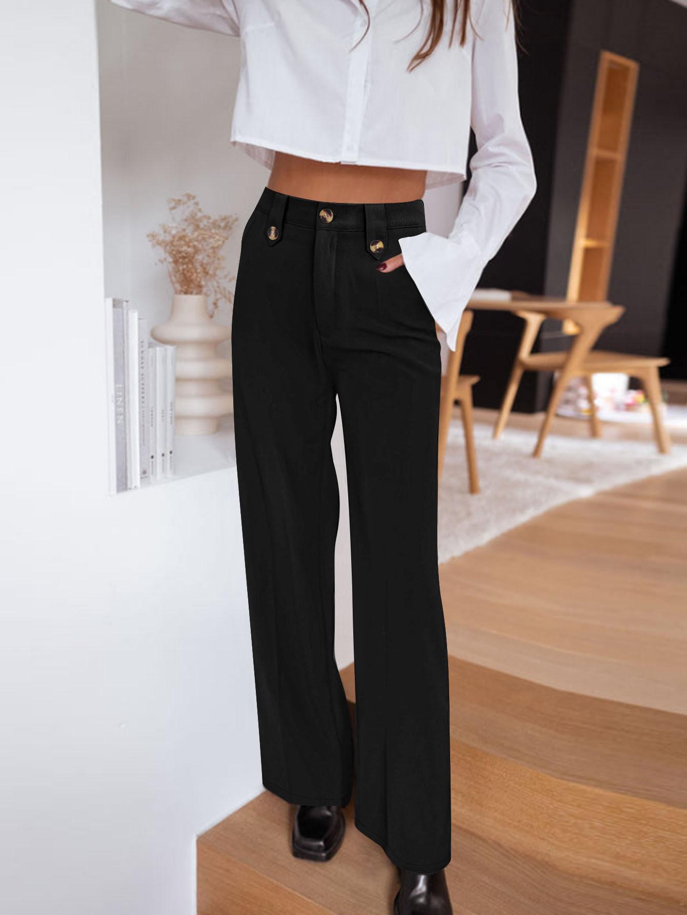 Women S High Waist Straight Leg Ankle Length Pants Elegant Solid Color Button S чёрный