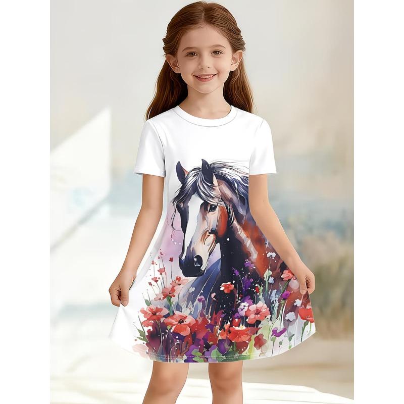 Children's Clothing Girl Cute Funny Animal Horse 3D Printed Graphic Summer Dresses Comfortable Crew Neck