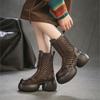 Johnature Genuine Leather Patchwork Mesh Thick Heel Hollow-out Boots Retro Women's Platform Shoes