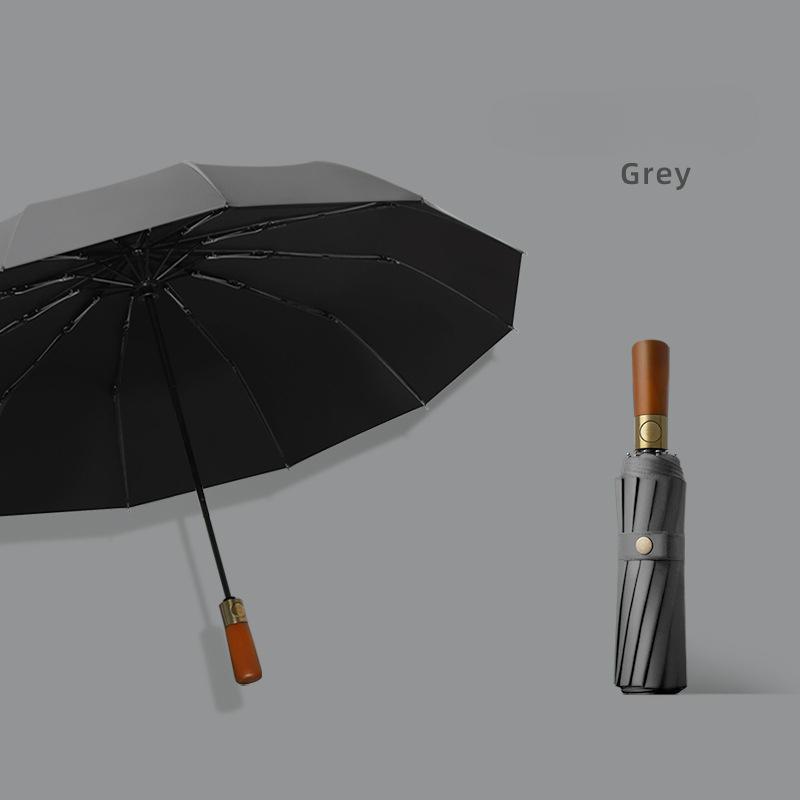 

Автоматический зонт от дождя с 12 спицами и деревянной ручкой, складной, в винтажном стиле, с защитой от УФ-лучей, для мужчин и женщин, подходит для многих случаев metal-fiber composite&12K серый