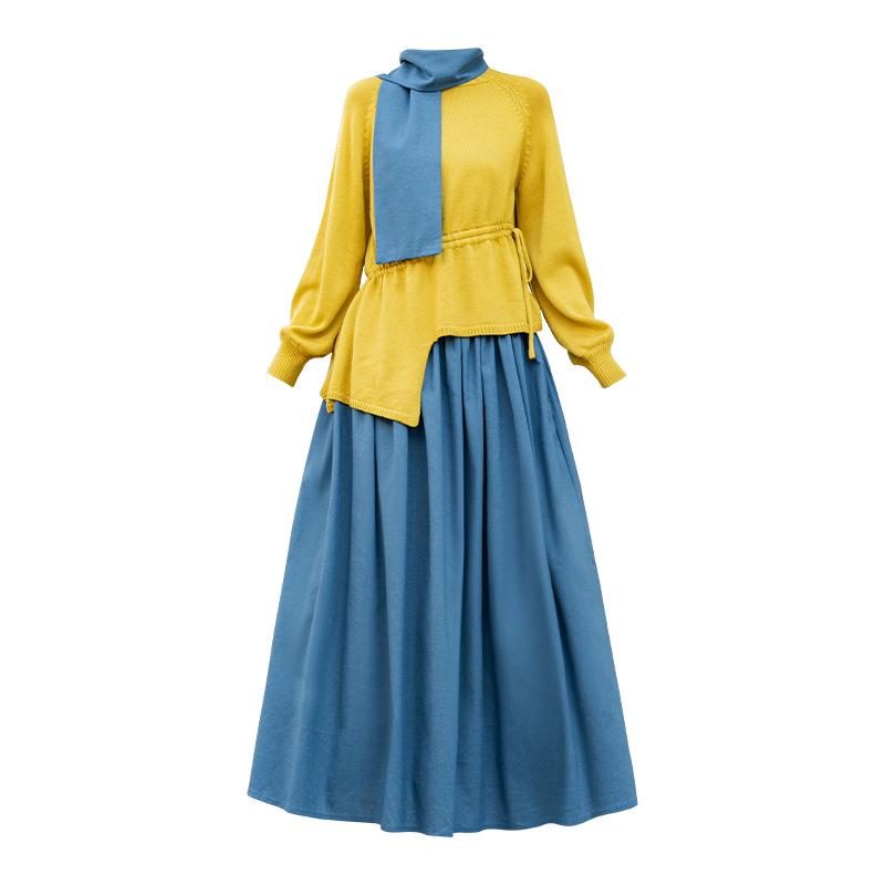 2026 Spring Yellow Knit Top & Blue Skirt Color Block Casual Women's Set