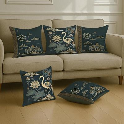 Satin Cushion Covers With, Lotus & Gold Detailing – 16x16 Inch Decorative Pack of 5 for Living Room, Drawing Room