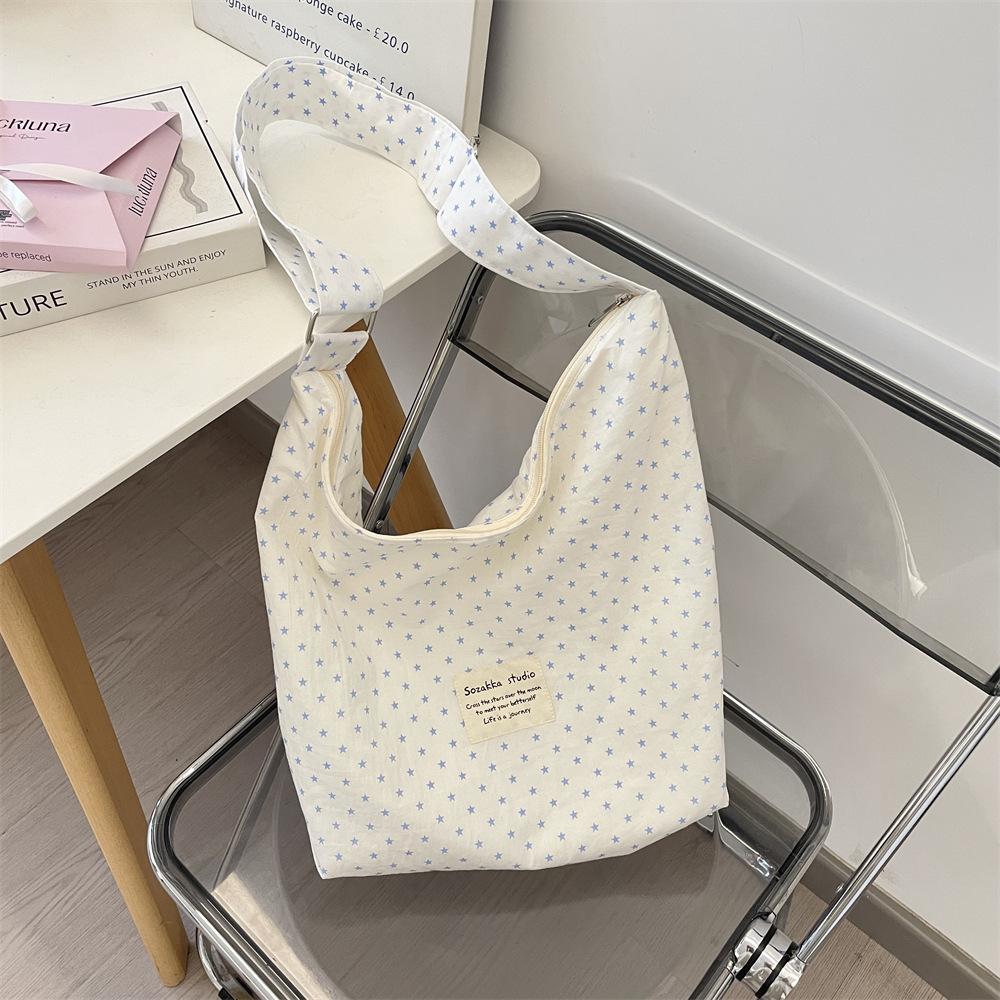 91 Sweet pink star printed polka dot shoulder canvas bag large capacity tote bag commuter fabric messenger bag