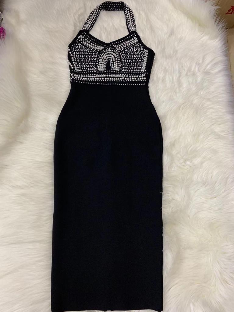 2022 Halter V-Neck Beaded Bandage Midi Dress - Slimming Evening Style