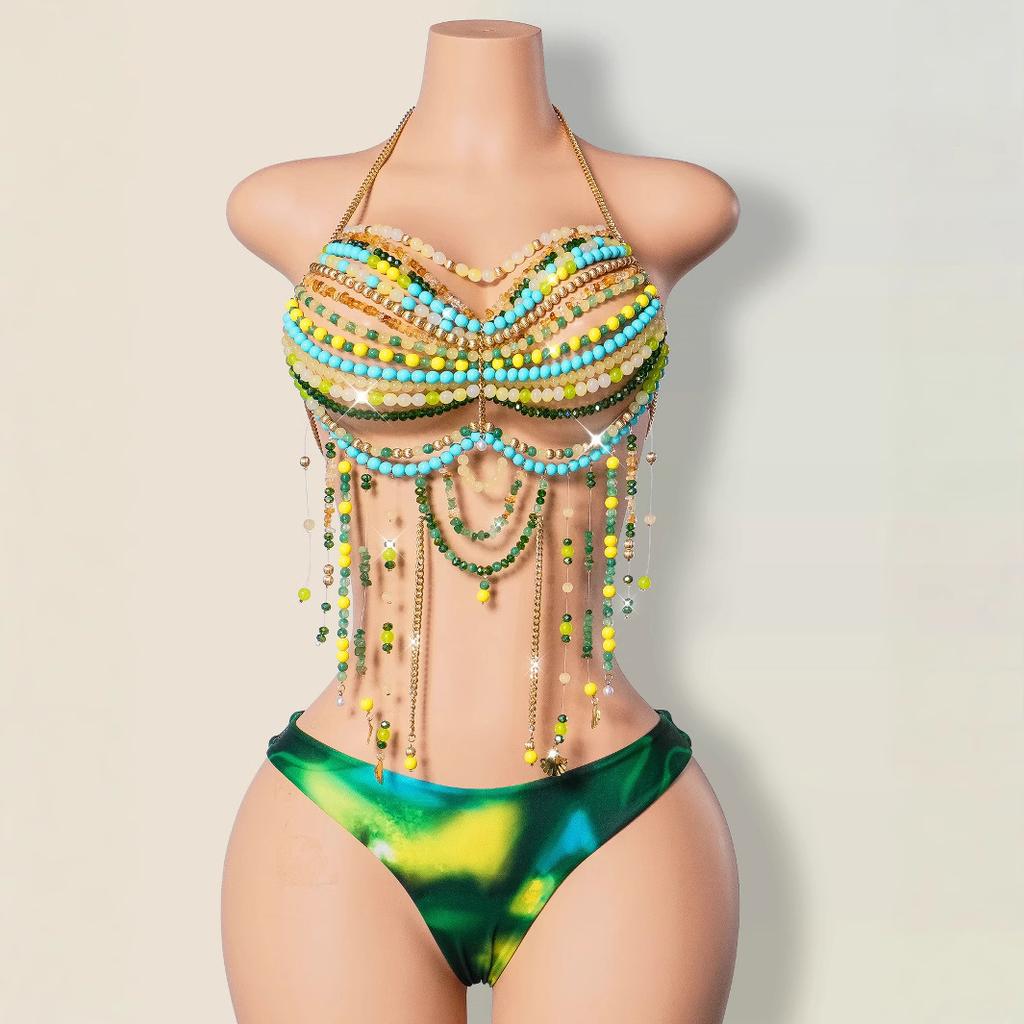 Damen Handgemachtes Festival Top Edelstein Perlen Bralette Strand Überwurf Mehrlagige Körperkette Schmuck Bunter Perlen BH