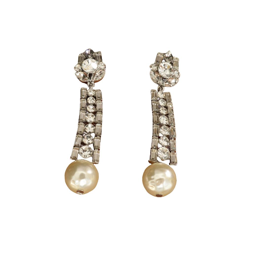 Retro Rhinestone & Pearl Long Stud Earrings - Versatile Shoulder-Sweeping Style