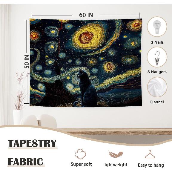 YTRGI Black Cat Tapestry for Bedroom, Cat Gifts for Cats Lovers Women Girls, Cats Wall Art for Bedroom Dorm Office Decor 50x60 Inch