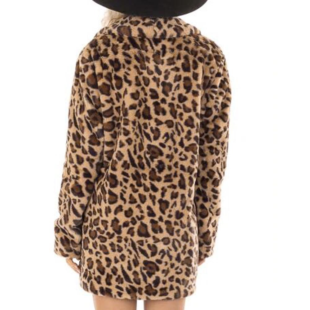Womens Rabbit Villi Autumn Winter Long Sleeve Leopard Print Fashion Pocket Coat